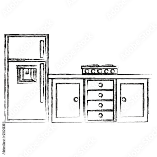 kitchen drawer wooden with stove and fridge