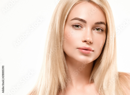 healthy skin and hair blonde beautiful woman with beauty makeup isolated on white