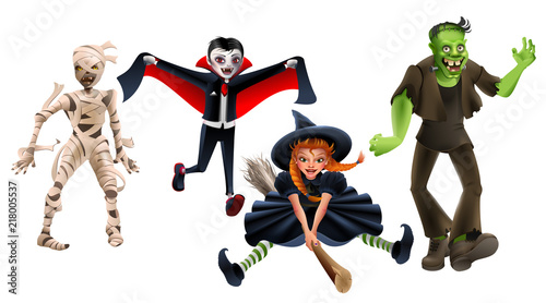 Set Halloween monsters witch on broom, frankenstein, vampire dracula, zombie mummy