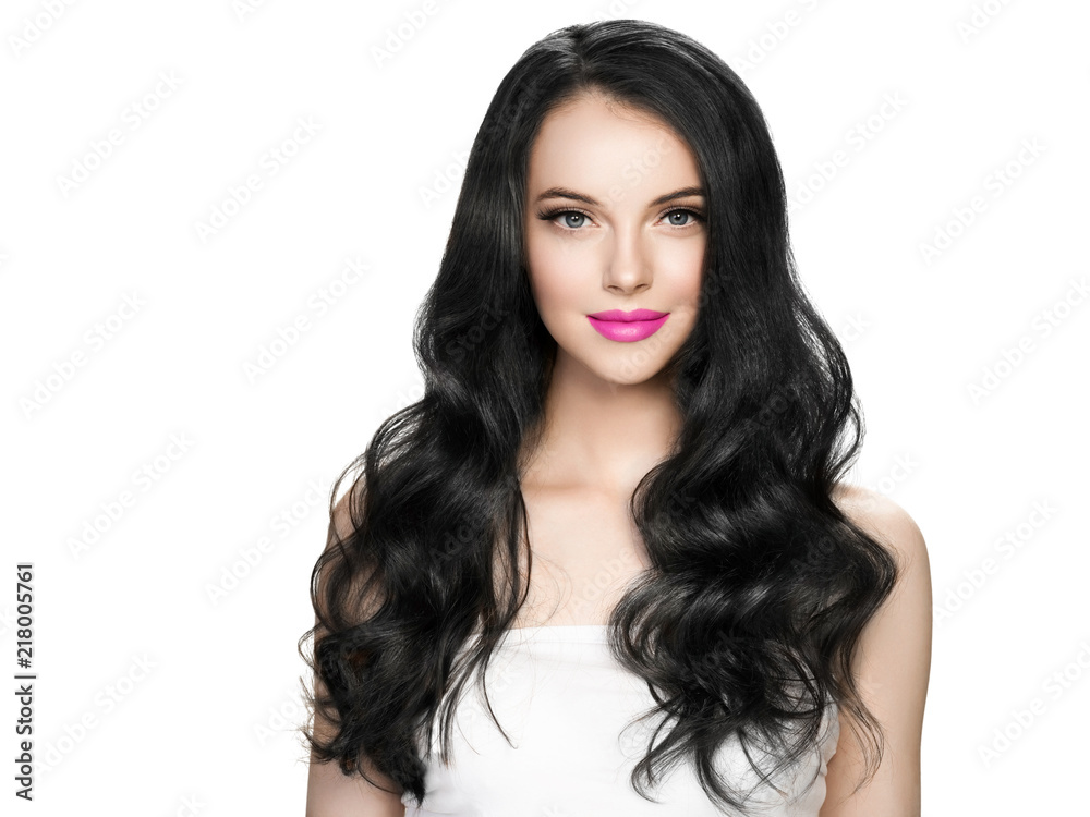 Brunette woman beautiful hairstyle black long hair and pink lips and beauty lashes isolated on white female model Brunette woman beautiful hairstyle black long hair and pink lips and beauty lashes isolated on white female model