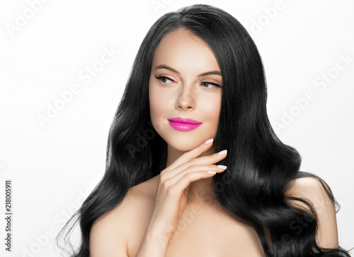 Brunette woman beautiful hairstyle black long hair and pink lips and beauty lashes isolated on white female model