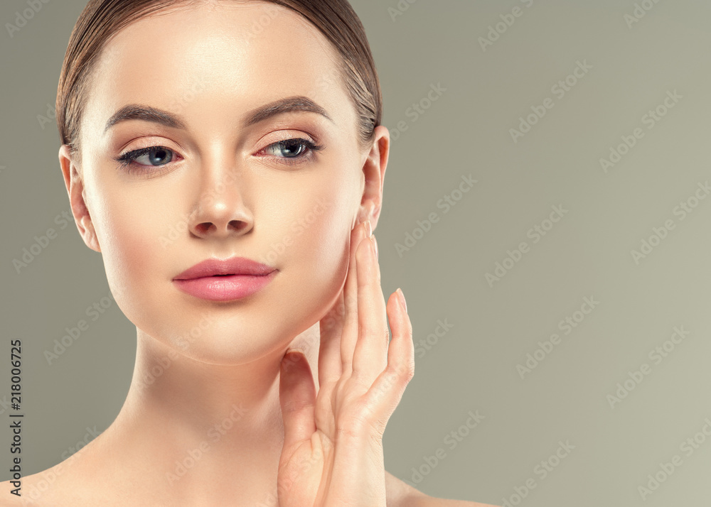 Woman beautifl face closeup with healthy skin and beauty lips and eyes Woman beautifl face closeup with healthy skin and beauty lips and eyes