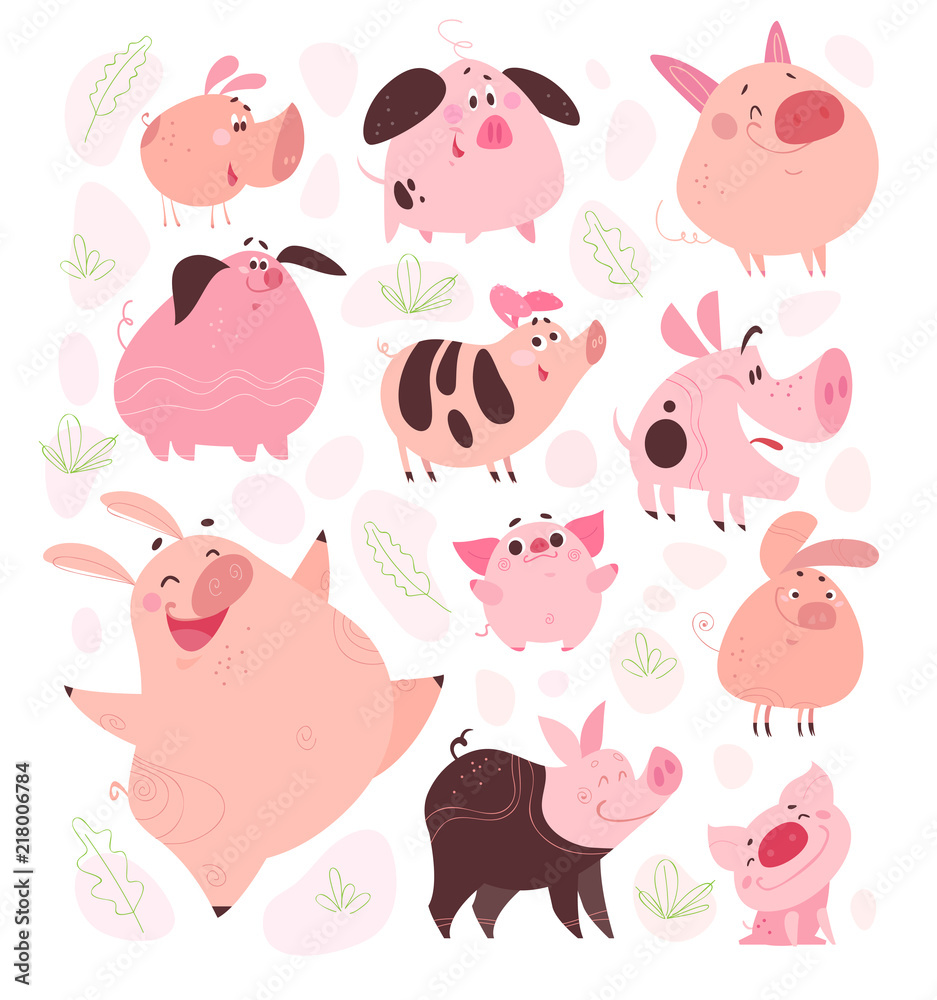 Vector set of funny flat different pig characters design isolated on white background. Collection of friendly smiling pink porks. Farm animals. Perfect for cards, patterns, prints, hero images etc. Vector set of funny flat different pig characters design isolated on white background. Collection of friendly smiling pink porks. Farm animals. Perfect for cards, patterns, prints, hero images etc.