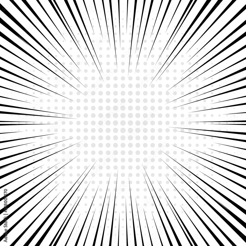 Black radial lines with gray halftone for comic book background. Black radial lines with gray halftone for comic book background.