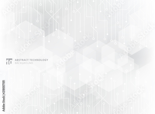 Abstract technology circuit board on gray geometric hexagon overlay pattern background.
