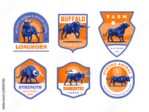 Set of bulls and buffalo in different poses. 