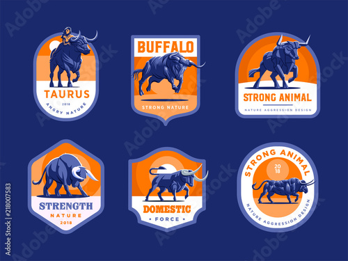 Set of bulls and buffalo in different poses. 