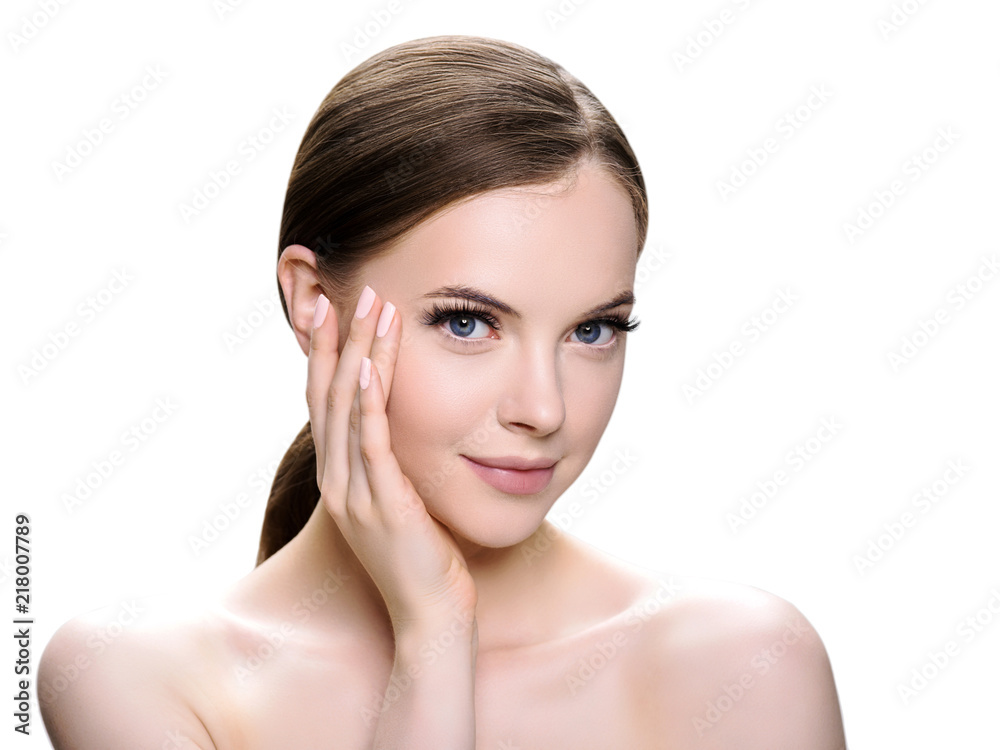 Beauty face woman with lashes and healthy skin female portrait isolated on white Beauty face woman with lashes and healthy skin female portrait isolated on white