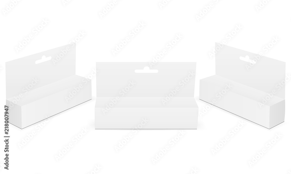 Hanger box mock up set isolated on white background. Samples for cosmetic or medical packaging. Vector illustration Hanger box mock up set isolated on white background. Samples for cosmetic or medical packaging. Vector illustration