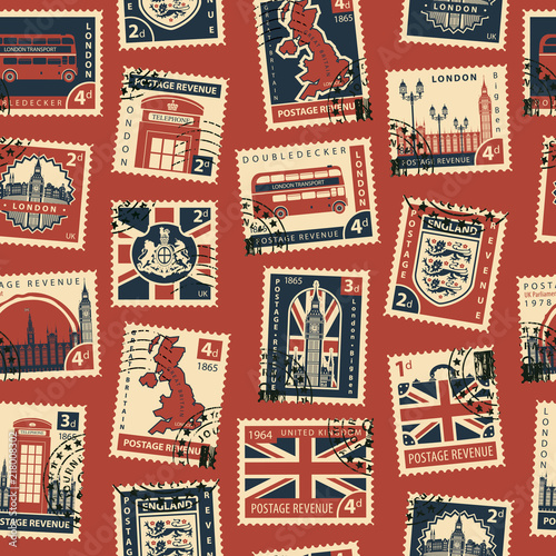Retro Postage Seamless Background. Vector seamless pattern on UK and London theme with postage stamps and postmarks in retro style. Can be used as wallpaper or wrapping paper