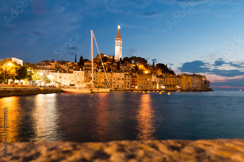 Rovinj, Croatia - July 24, 2018: Night view of the old town of Rovinj, Croatia.
