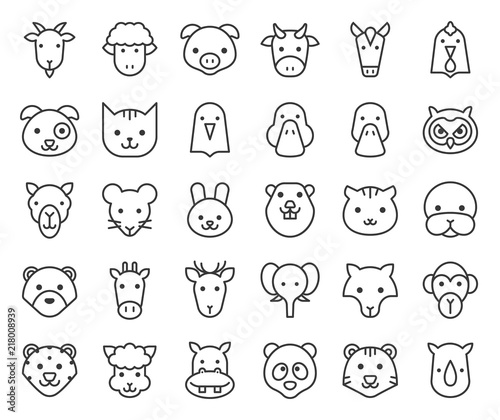 Fototapeta Naklejka Na Ścianę i Meble -  cute animal face included farm, forest and African animals, outline design 
