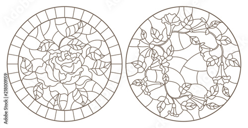 Set of contour illustrations of stained-glass Windows with a rose and a loach, dark contours on a white background, round images