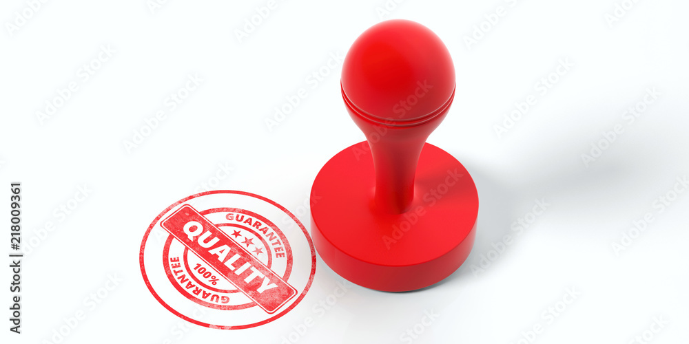 Red round rubber stamper and stamp with text quality isolated on white background. 3d illustration - obrazy, fototapety, plakaty 