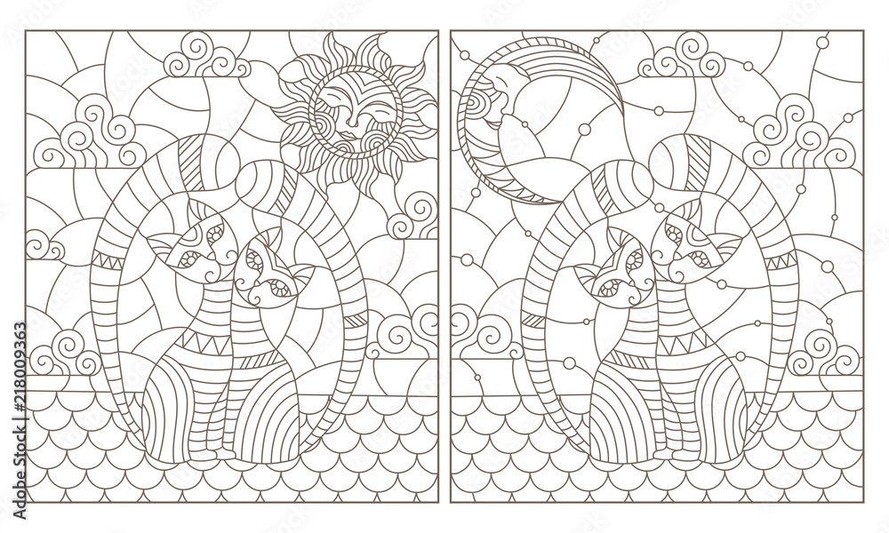 Set of contour illustrations of stained glass Windows with cats sitting on the roof, dark contours on a white background