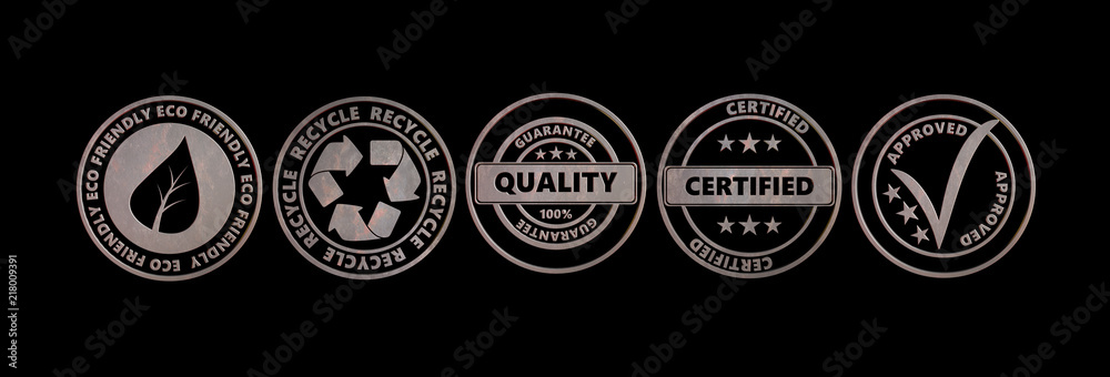 Metal round badges with text isolated cutout on black background, banner. 3d illustration