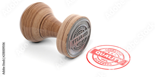Wooden round rubber stamper and stamp with text quality isolated on white background. 3d illustration photo