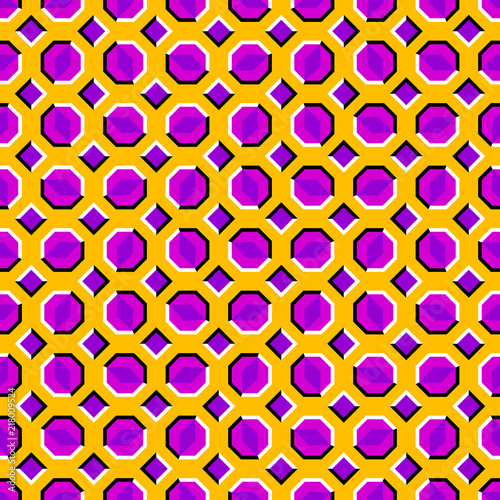 Yellow background with pink octagons and purple squares. Optical illusion of movement. Seamless pattern.