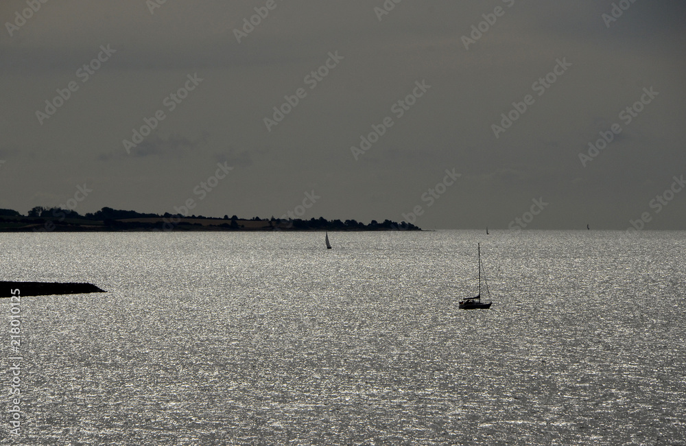 Backlight view over a calm sea with many yachs sailing around.