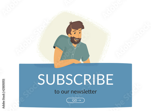 Subscribe to our newsletter. Flat vector illustration of smiling friendly man sitting on banner and suggesting email subscription for news and promo offers. Modern design for website and landing page