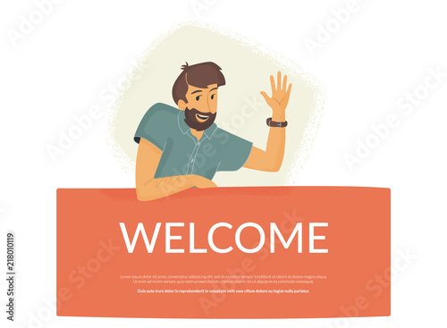 Welcome to our community. Flat vector illustration of smiling friendly man sitting on banner and waving his hand to greet new user or colleague. Modern design for website greeting and landing page