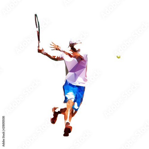 Tennis player low poly vector illustration. Isolated adult man in white shirt and blue shorts playing tennis. Individual summer sport. Active people