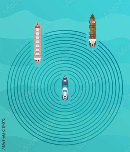 Autonomous ship with radar top view. Self driving boat concept.