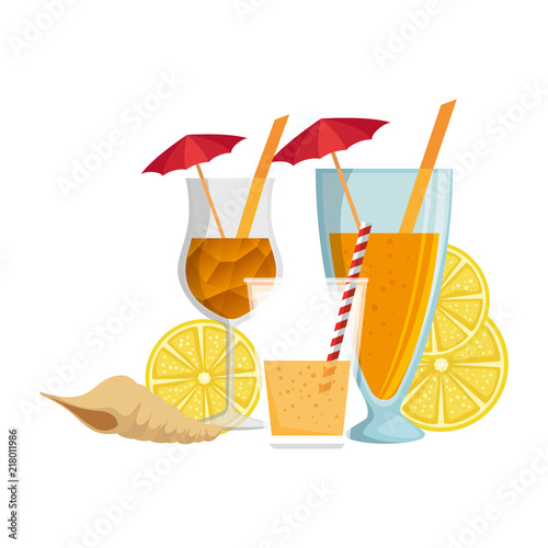 tropical cocktails cups with oranges and shell
