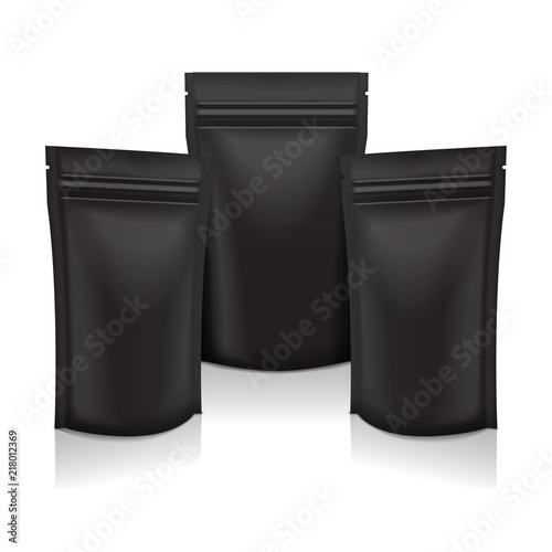 Black Blank Foil Food or Cosmetic Pack Pouch Sachet Bag Packaging with Zipper. Vector Isolated Mock up template