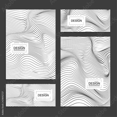 Set of book covers and banners design template with distorted wave monochrome texture. Vector stripe deformation background.