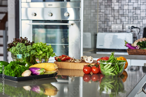 Healthy foods are on the table in the kitchen.