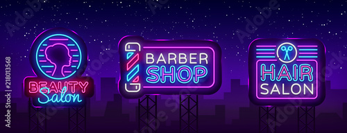Hair salon logo collection vector. Beauty Salon neon sign, Barber Shop modern trend design, light vector illustration, light banner, Vintage sign. Vector Illustration. Billboards