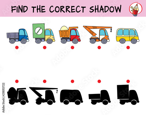 Urban transport. Truck, van, tipper, truck crane and bus. Find the correct shadow. Educational matching game for children. Cartoon vector illustration