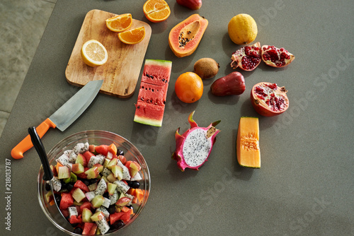 Fresh fruit lying on the kitchen table.