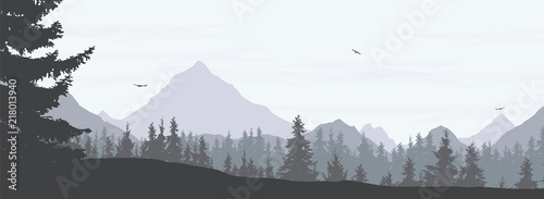 Vector illustration of a snowy winter mountain landscape with coniferous forest, valley and flying birds in a gray sky with clouds - widescreen