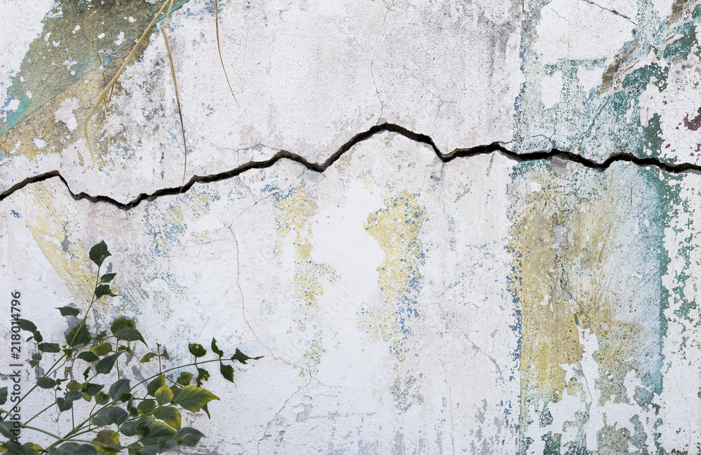 Obraz premium Crack on white old cement wall texture background, construction concept