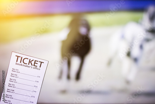 Bookmaker ticket on the background of the TV on which the dog shows run, sports betting, bookmaker photo