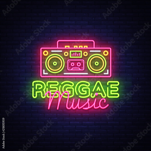 Reggae Music Neon Logo Vector. Reggae neon sign concept, design template, modern trend design, night neon signboard, night bright advertising, light banner, light art. Vector illustration