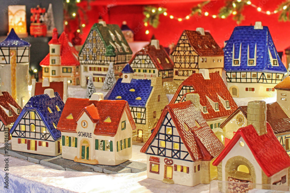 Christmas decoration on advent market. Decorative miniature city houses. Christmas market in Rothenburg ob der Tauber, Germany.