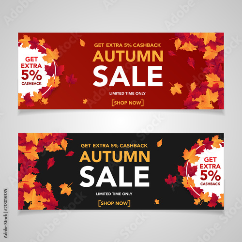 Autumn sale banner template with leaves, fall leaves for shopping sale. banner design. Poster, card, label, web banner. Vector illustration