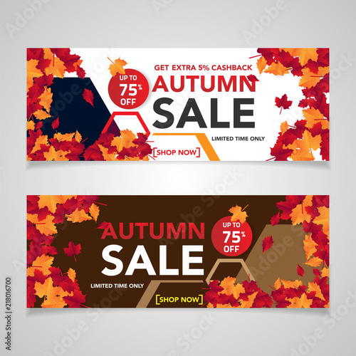 Autumn sale banner template with leaves, fall leaves for shopping sale. banner design. Poster, card, label, web banner. Vector illustration