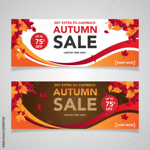 Autumn sale banner template with leaves, fall leaves for shopping sale. banner design. Poster, card, label, web banner. Vector illustration