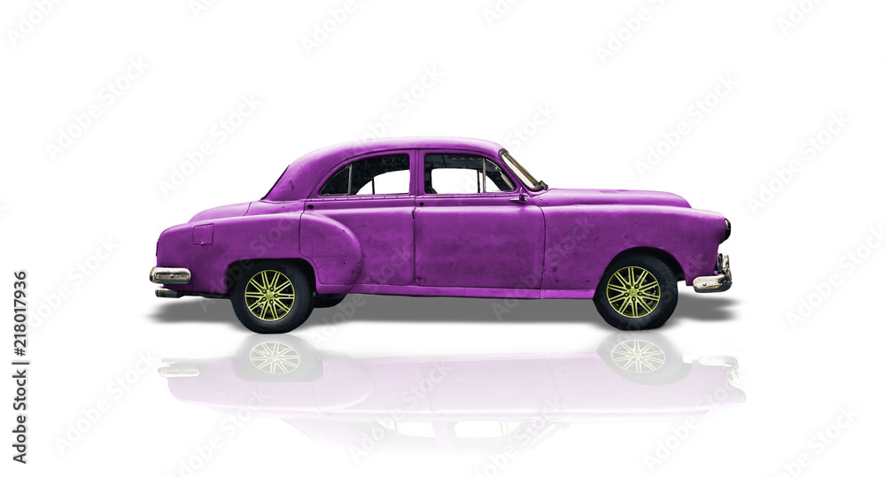 old purple american car viewed from a side on white background