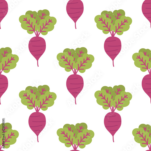 Cute cartoon seamless pattern background with beet and leaves. Vector autumn, fall vegetables background.