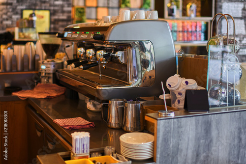 Coffee Shop Cafeteria Restaurant Service Concept. Professional coffee machine.