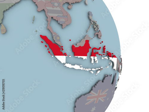 Map of Indonesia on political globe with flag