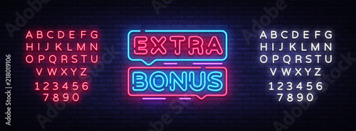 Extra Bonus neon sign vector. Bonus neon text Design template neon sign, light banner, signboard, nightly bright advertising, light inscription. Vector Illustration. Editing text neon sign