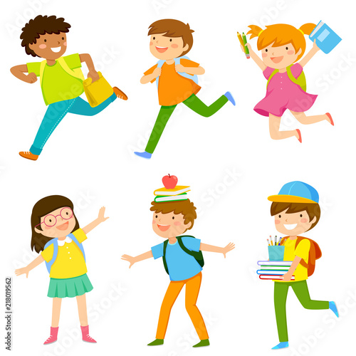 Set of six cartoon kids going to school