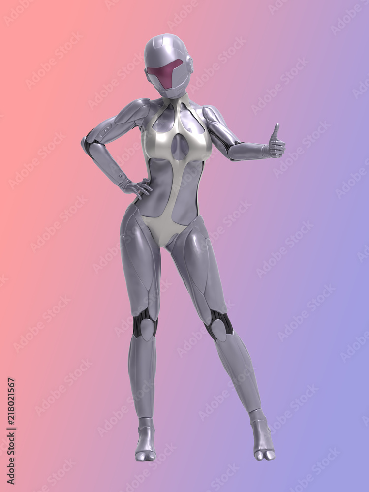 Robotic Cyber Woman Thumbs up 3D Rendering