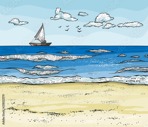 Seascape with sailboat on horizont and sand beach
